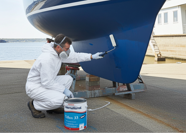 Person painting a large blue boat with a can of International Paints Tiflux 33 on a dock.