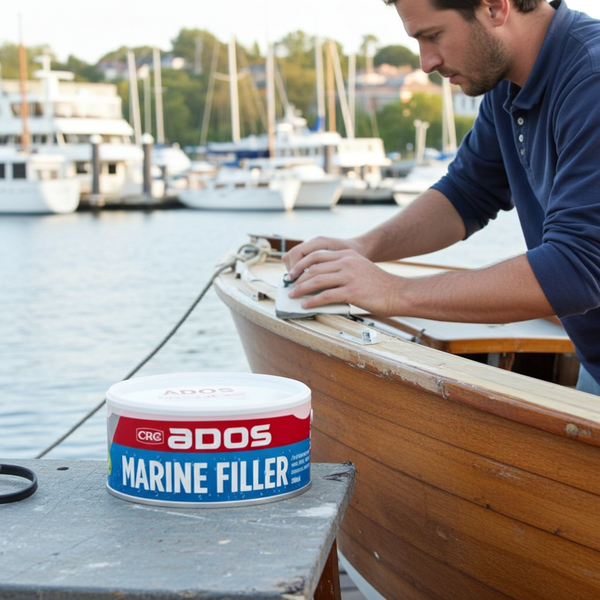Man working on a wooden boat with a container of CRC ados Marine Filler in the foreground, set against a marina background.