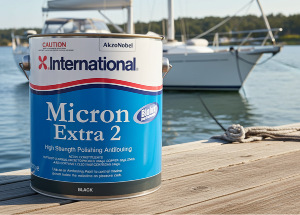 Can of International Micron Extra 2 antifouling paint on a dock with boats in the background