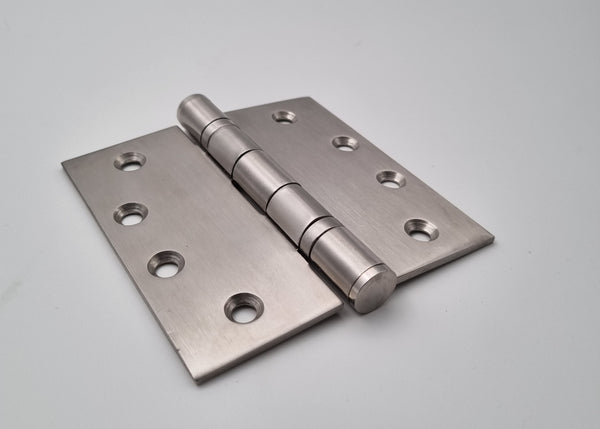 A silver stainless steel butt hinge measuring 100mm x 100mm x 2mm, viewed from the side against a white background.