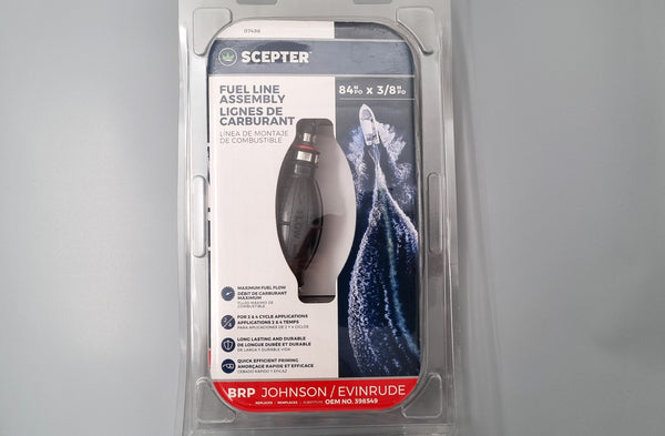 Scepter fuel line assembly packaging with branding on a gray background