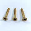 Three brass screws on a white background
