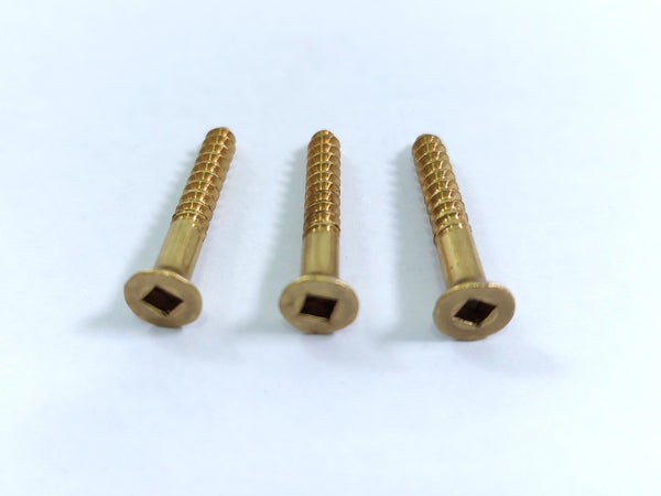Three brass screws on a white background