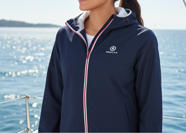 Woman wearing a navy jacket with a logo on a boat with water in the background