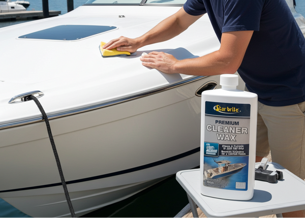 Man cleaning a boat with a bottle of CarPro cleaner wax in the foreground.
