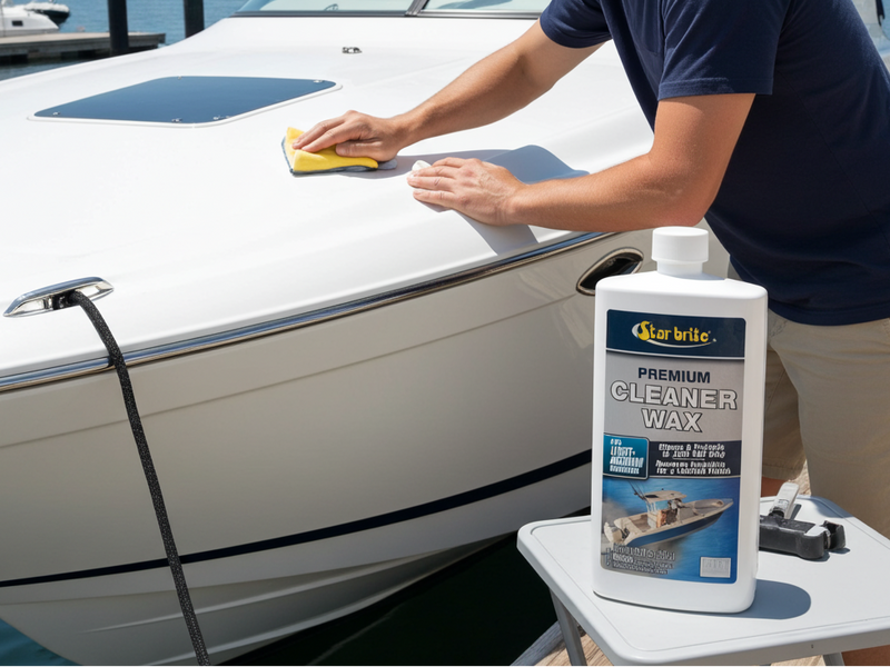 Man cleaning a boat with a bottle of CarPro cleaner wax in the foreground.