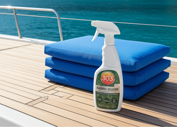 303 Fabric Guard spray bottle on blue cushions with a scenic background