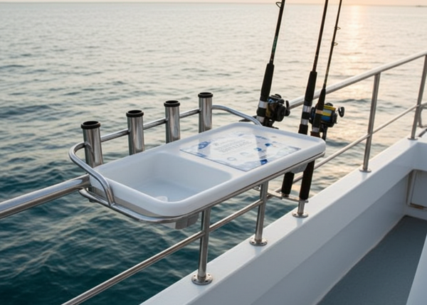 Fishing rods on a boat with a sunset over water
