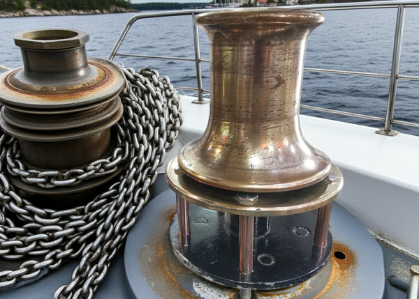 Bronze winch on a boat with chain, water, and trees in the background