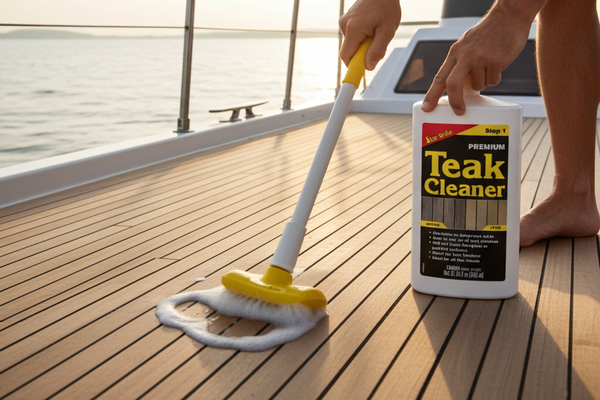 Person cleaning a boat deck with teak cleaner and scrubber