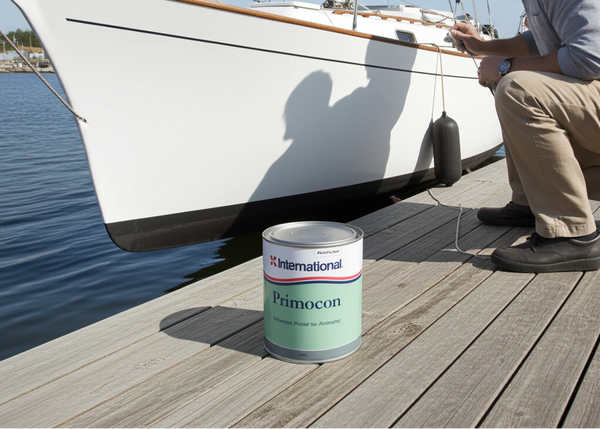 Man working on a sailboat with a can of International Primocon paint on a dock.