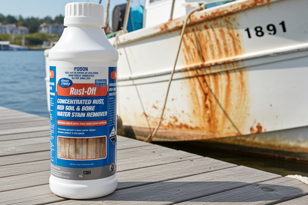 Rust-Off rust remover bottle on a dock with a rusty boat in the background
