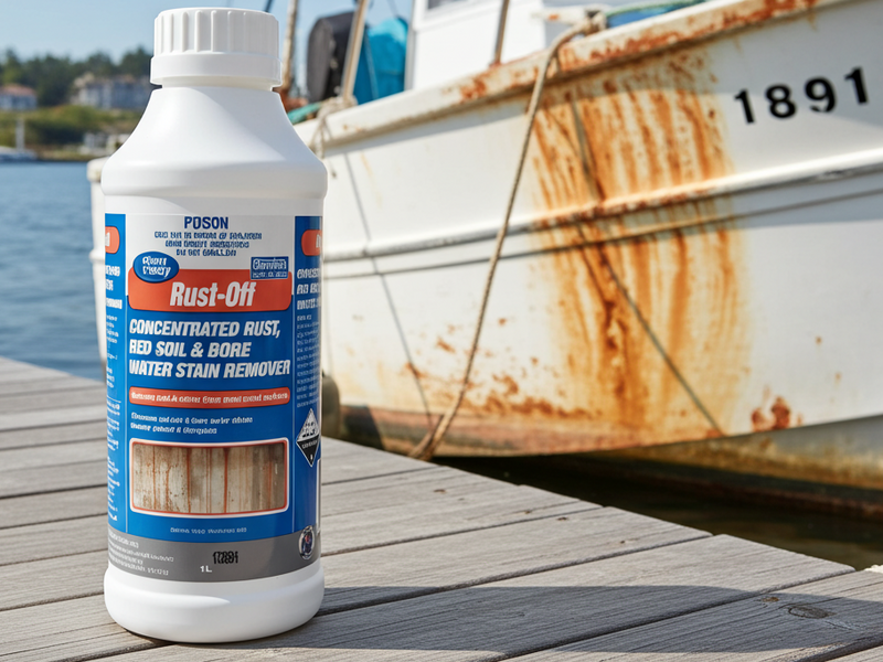 Rust-Off rust remover bottle on a dock with a rusty boat in the background