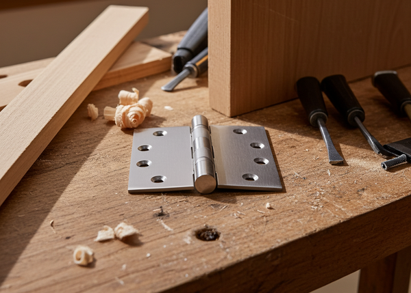 Woodworking scene with metal hinge, screws, and tools on a wooden surface.