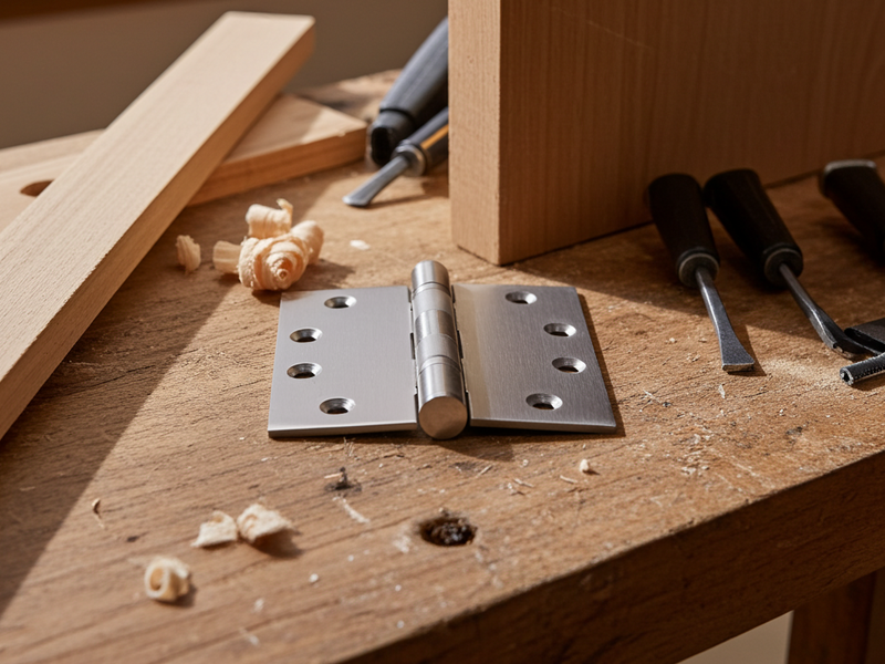 Woodworking scene with metal hinge, screws, and tools on a wooden surface.