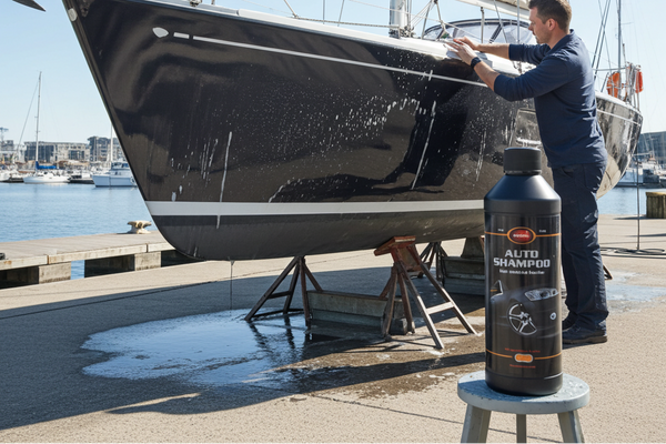 Man washing a black sailboat with a bottle of auto shampoo on a dock.