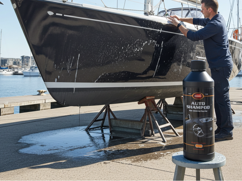 Man washing a black sailboat with a bottle of auto shampoo on a dock.
