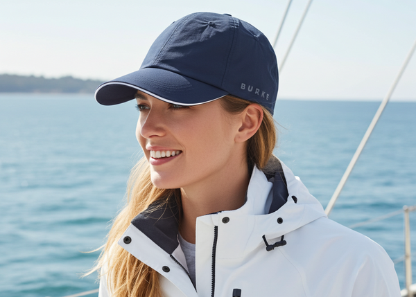 Woman wearing a navy cap and white jacket on a boat with ocean in the background