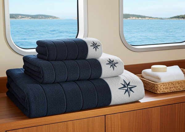 Stack of navy and white towels with a star design on a wooden surface with ocean view