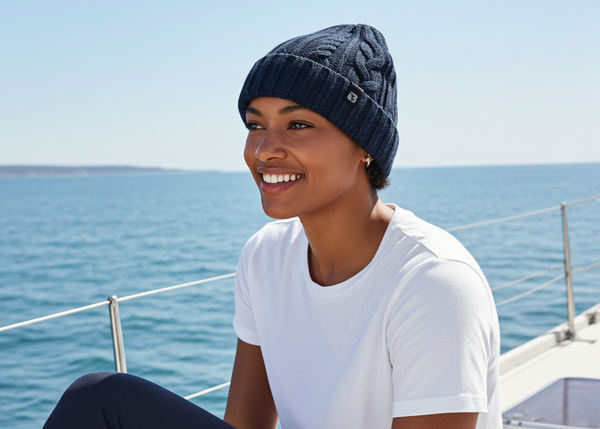 Woman wearing a blue knit beanie and white shirt on a boat with ocean in the background