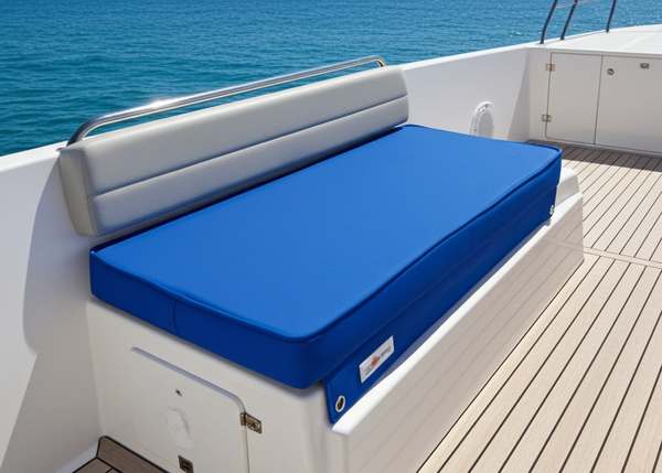 Blue cushioned bench on a boat deck with ocean view
