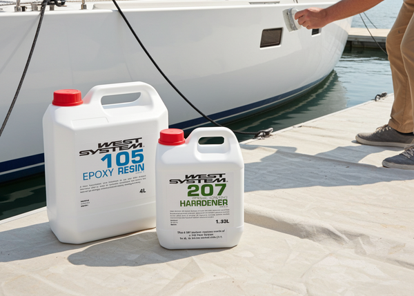 Person working with epoxy resin and hardener containers near a boat on a dock.