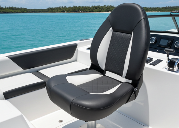 Black and white boat seat on a boat with water and sky in the background