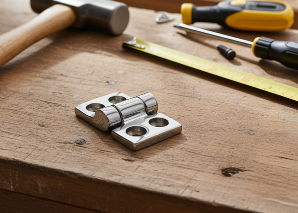 Metal hinge on a wooden surface with tools including a hammer, screwdrivers, and a ruler.