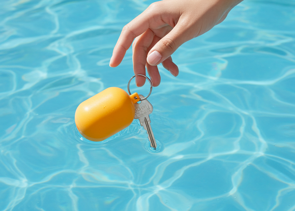 Hand holding a yellow keychain with keys over clear blue water