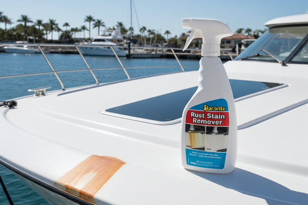 Bottle of Rust Stain Remover on a boat with a marina background