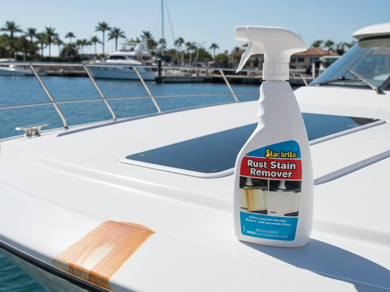 Bottle of Rust Stain Remover on a boat with a marina background