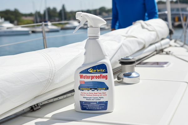 Spray bottle of Starbrite Waterproofing on a sailboat with a person in the background.