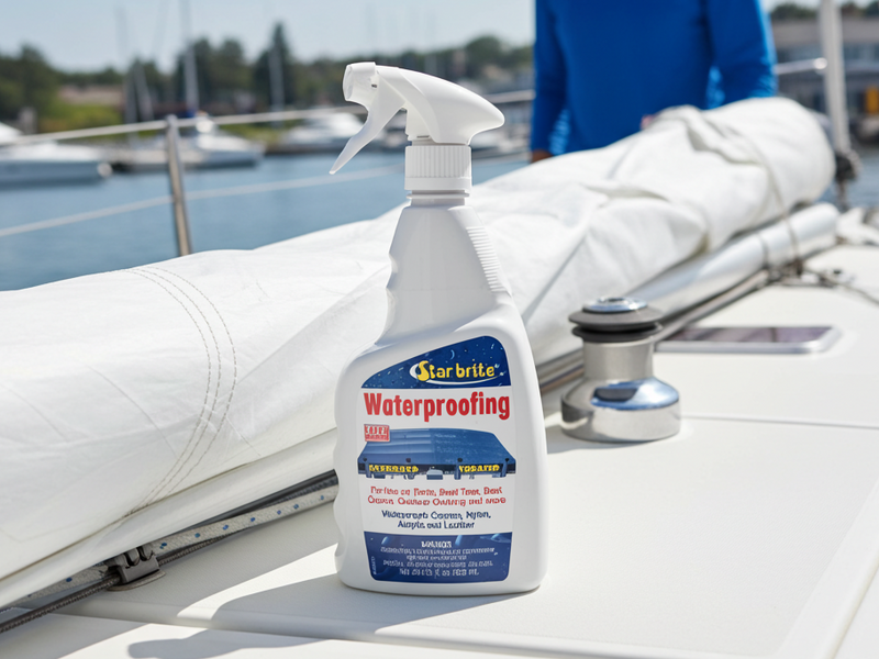 Spray bottle of Starbrite Waterproofing on a sailboat with a person in the background.