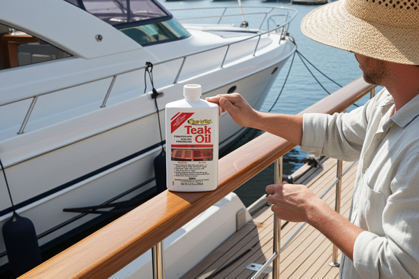 Person holding a bottle of teak oil on a boat docked at a marina