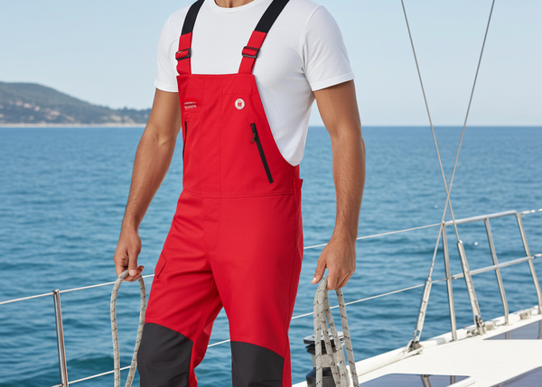 Man wearing red overalls on a boat with blue water and sky in the background