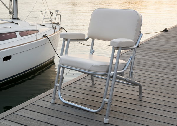 Two white chairs on a dock with boats in the background