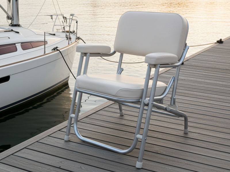 Two white chairs on a dock with boats in the background