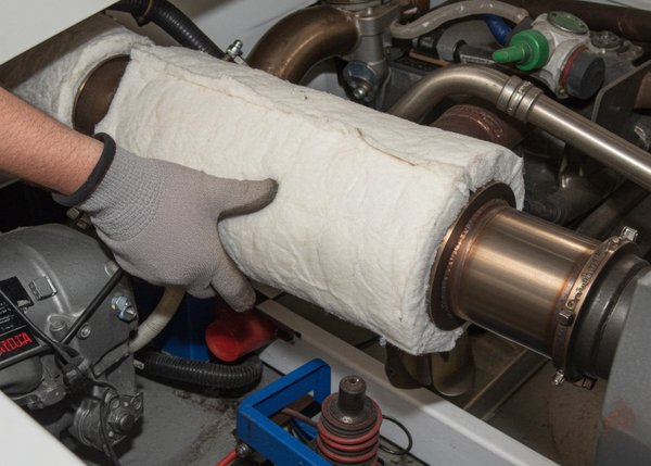 Person wearing gloves handling a cylindrical object with insulation in an industrial setting