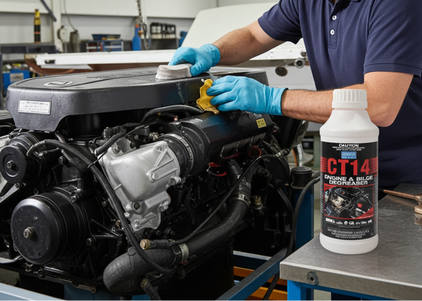 Man working on a vehicle engine with a bottle of engine cleaner in a workshop.