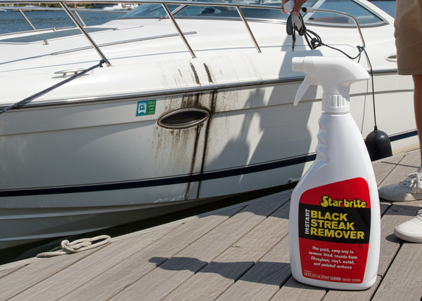 Person holding a bottle of Starbrite Black Streak Remover next to a boat on a dock.