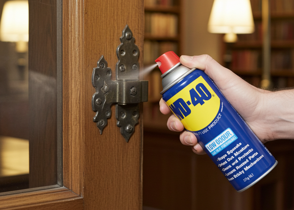 Hand using a can of WD-40 on a wooden door hinge with a bookshelf background