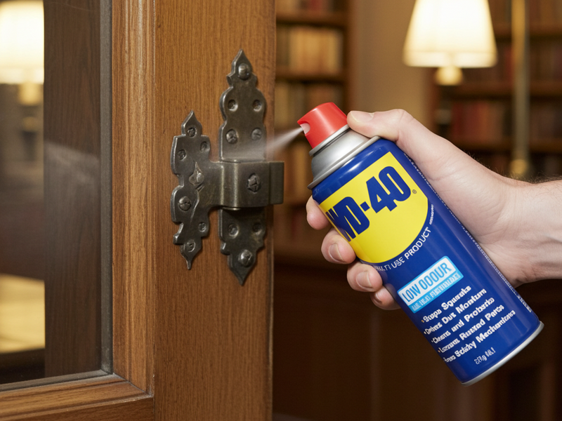 Hand using a can of WD-40 on a wooden door hinge with a bookshelf background