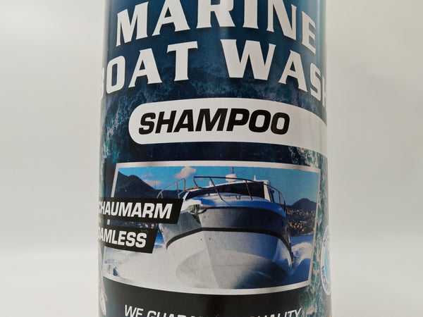 Can of marine boat wash shampoo with a boat image on a white background