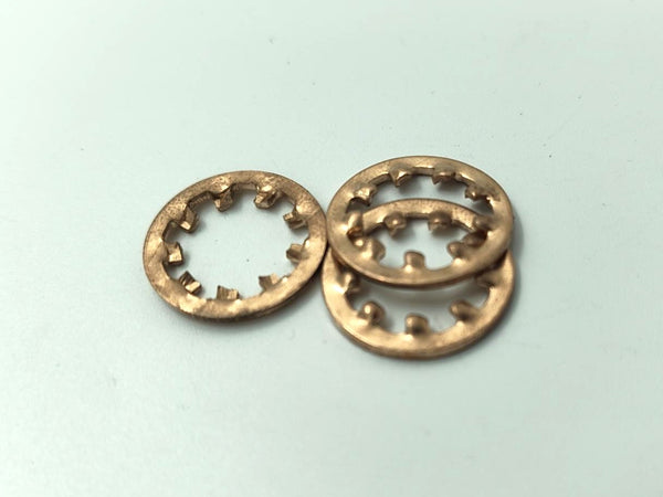 Two bronze washers on a light blue background
