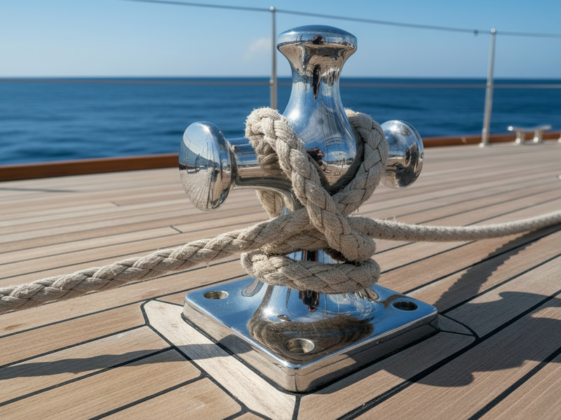 A polished chrome metal cleat or anchor anchor fitting with a square base, shown on a neutral gray background.