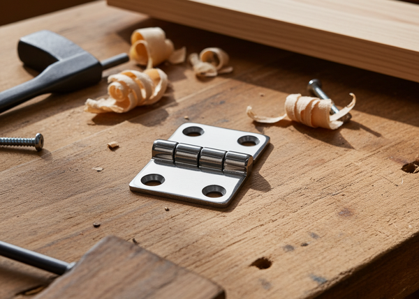 Metal hinge on a wooden surface with woodworking tools and wood shavings.