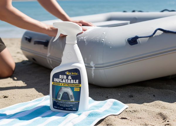 Person holding a spray bottle labeled 'RIB & INFLATABLE' by Blue Wave on a beach with an inflatable boat in the background.