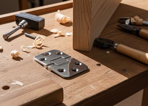 Metal hinge on a wooden workbench with tools and wood shavings.