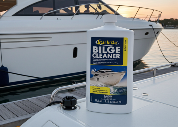 Star brite Bilge Cleaner bottle on a boat with a yacht in the background