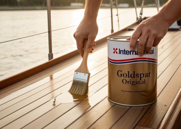 Person applying International Goldspar Original wood finish to a boat deck with sunset in the background.
